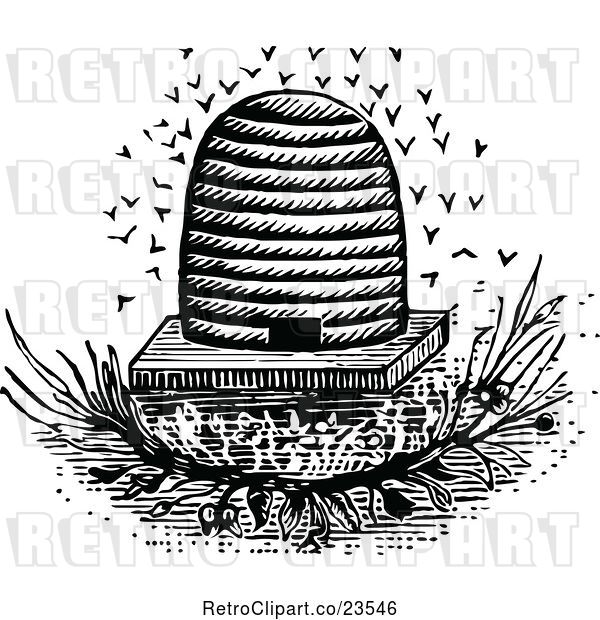 Vector Clip Art of Retro Bees and Hive 2