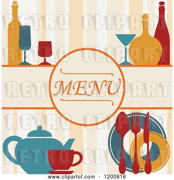 Vector Clip Art of Retro Beverage Menu with Bottles Glasses and Silveware on Stripes