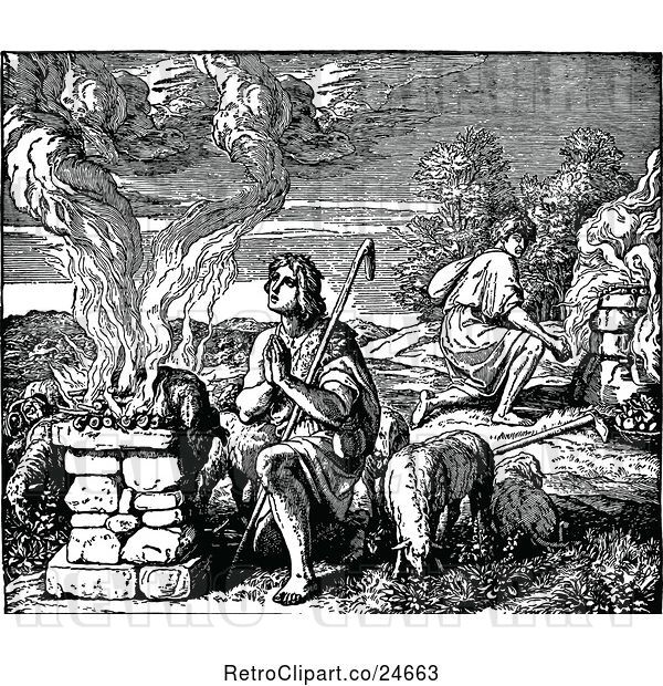 Vector Clip Art of Retro Biblica Scene of Cain and Abels Offering Unto God