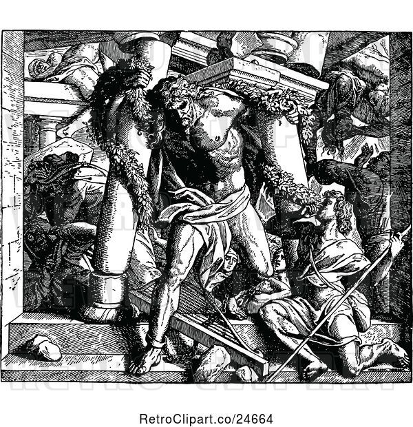 Vector Clip Art of Retro Biblica Scene of Samson Destroying the Philistine Temple