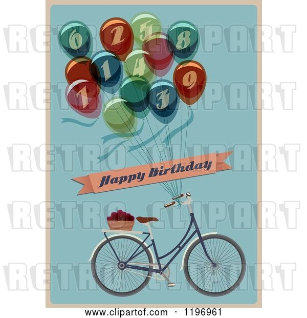 Vector Clip Art of Retro Bicycle and Balloon Happy Birthday Greeting on Blue