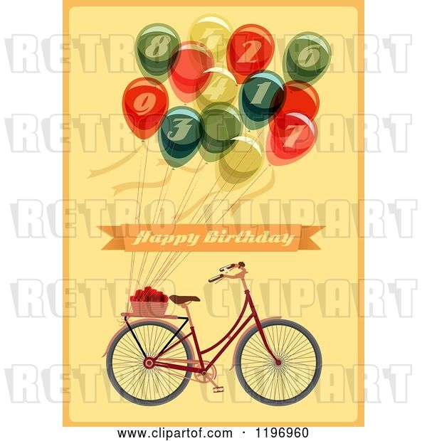 Vector Clip Art of Retro Bicycle and Balloon Happy Birthday Greeting on Yellow