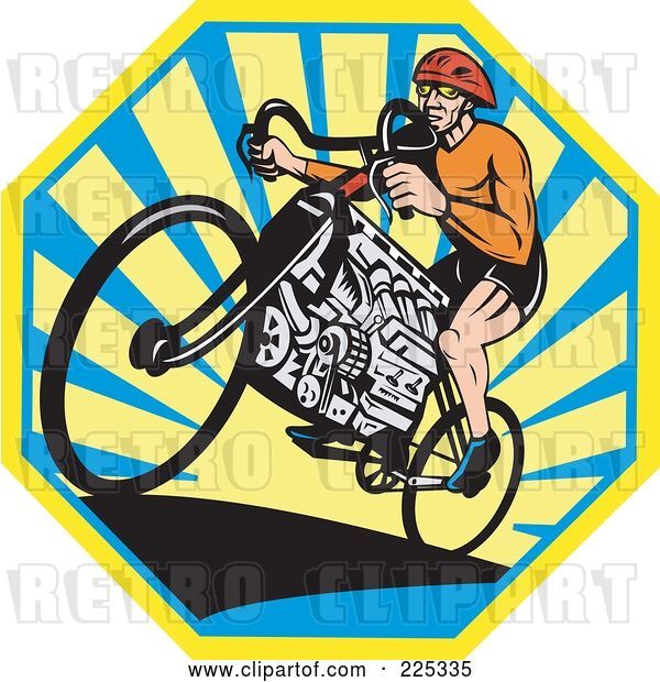 Vector Clip Art of Retro Bicyclist Riding a V8 Engine Bike over an Octogan of Rays