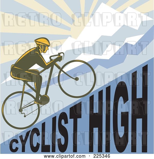 Vector Clip Art of Retro Bicyclist Riding up a Cyclist High Hillside