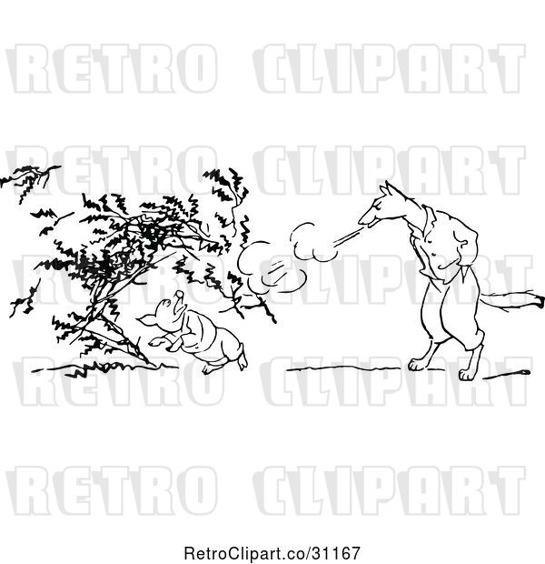 Vector Clip Art of Retro Big Bad Wolf Blowing down a Pigs House of Twigs
