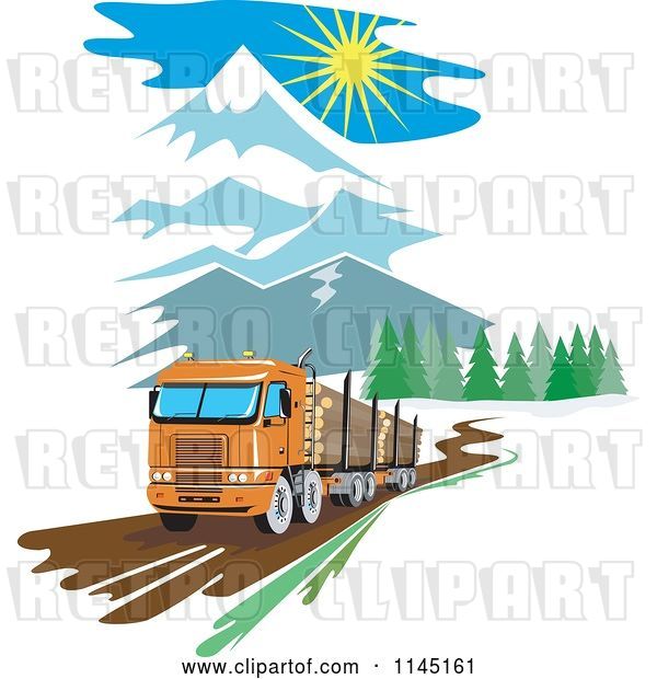 Vector Clip Art of Retro Big Rig Logging Truck in the Mountains