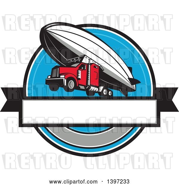 Vector Clip Art of Retro Big Rig Truck Flying, Attached to a Zeppelin Blimp