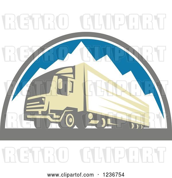 Vector Clip Art of Retro Big Rig Truck over Mountains
