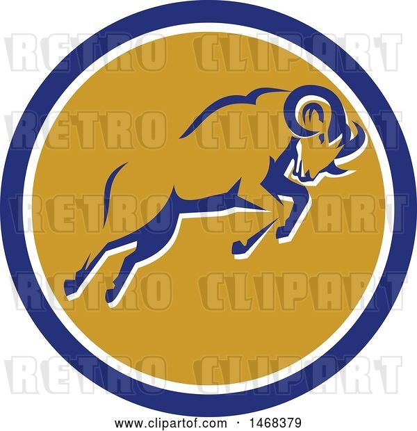 Vector Clip Art of Retro Bighorn Mountain Sheep Leaping in a Blue White and Orange Circle