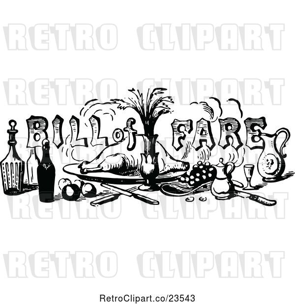 Vector Clip Art of Retro Bill of Fare Text over Food and Beverages 1
