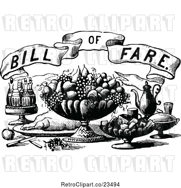 Vector Clip Art of Retro Bill of Fare Text over Food and Beverages 2