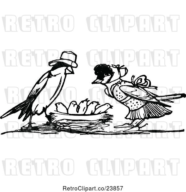 Vector Clip Art of Retro Bird Family with the Parents over the Chicks