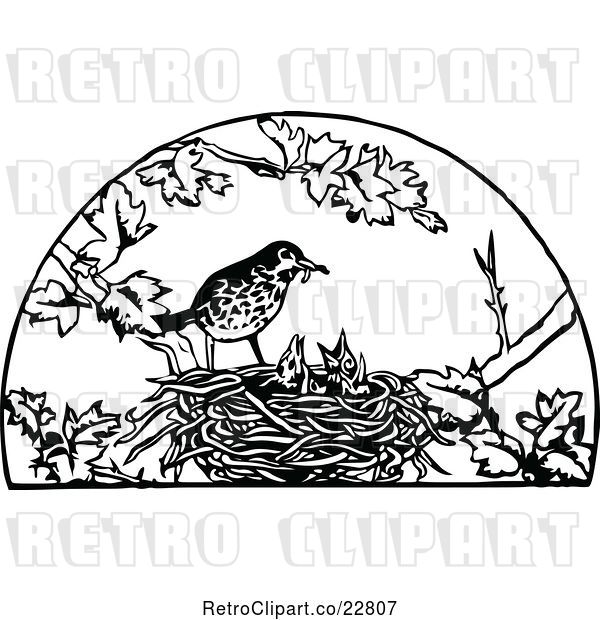 Vector Clip Art of Retro Bird Feeding Its Chicks in a Nest