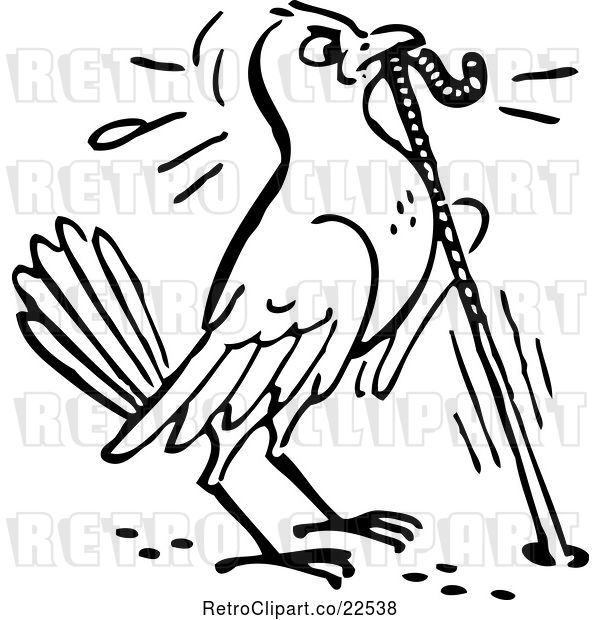 Vector Clip Art of Retro Bird Pulling a Worm from a Hole