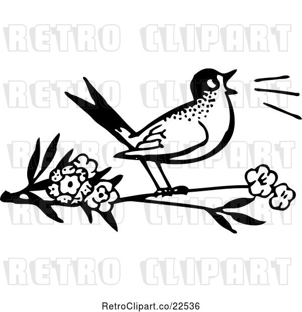 Vector Clip Art of Retro Bird Singing on a Branch