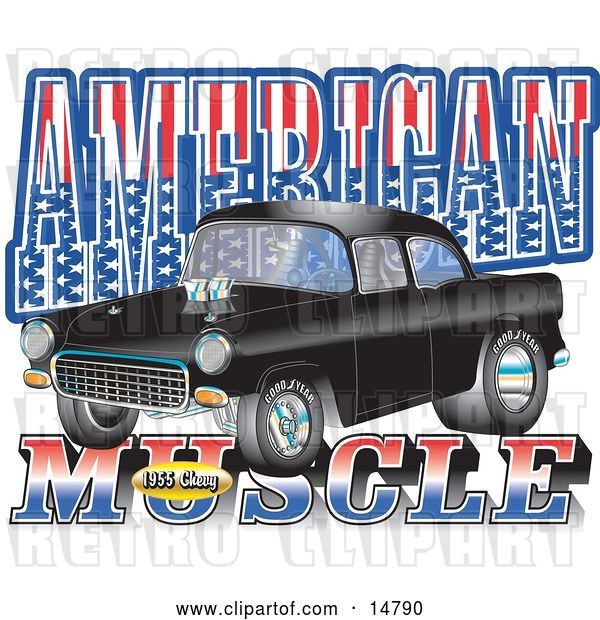 Vector Clip Art of Retro Black 1955 Chevy Muscle Car with Text Reading "American Muscle" with Stars and Stripes