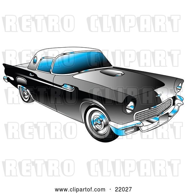 Vector Clip Art of Retro Black 1955 Ford Thunderbird Car with a White Removable Fiberglass Top and Chrome Accents