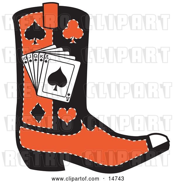 Vector Clip Art of Retro Black and Red Cowboy Boot with Playing Cards and Silhouettes of a Spade, Club, Diamond and Heart