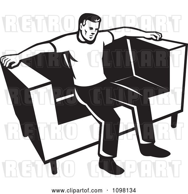 Vector Clip Art of Retro Black and Whit Eman Sitting on a Couch