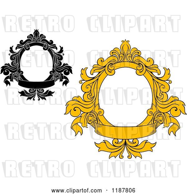 Vector Clip Art of Retro Black and Yellow Oval Frames with Floral Leaves and Banners