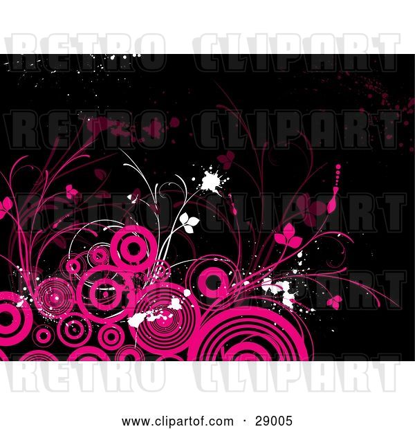 Vector Clip Art of Retro Black Background with White and Pink Splatters, Flourishes and Circles
