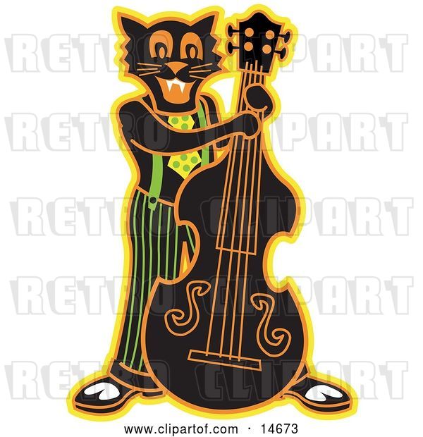 Vector Clip Art of Retro Black Cat Playing a Bass Fiddle in a Band Clipart Illustration