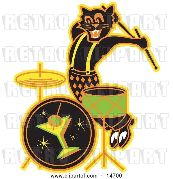 Vector Clip Art of Retro Black Cat Playing the Drums While Entertaining at a Bar Clipart Illustration
