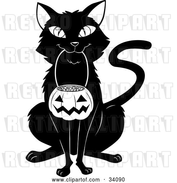 Vector Clip Art of Retro Black Cat Sitting and Carrying a Pumpkin Basket Full of Candy Corn in Its Mouth on Halloween