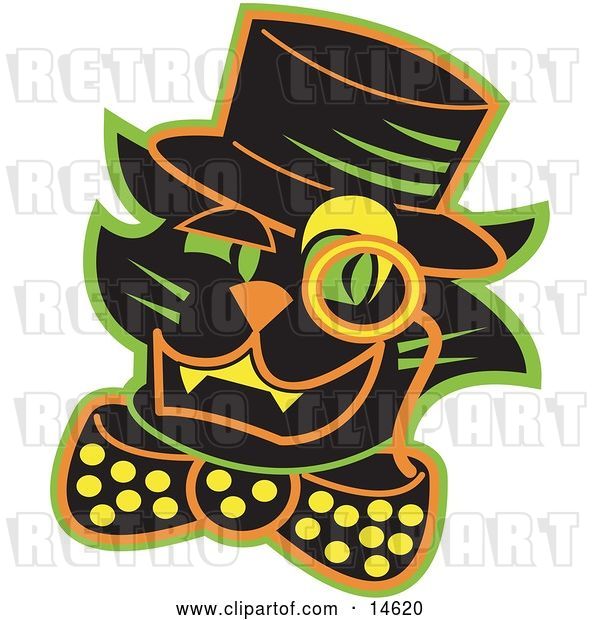 Vector Clip Art of Retro Black Cat Wearing a Hat and a Bow and a Monacle over His Eye