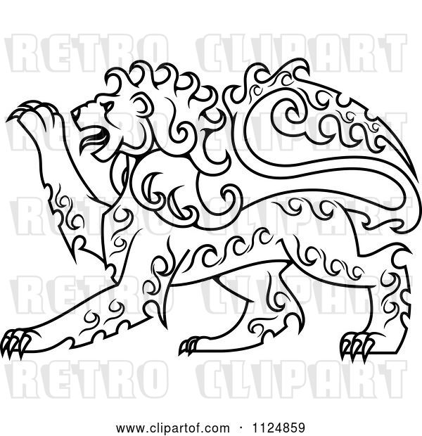 Vector Clip Art of Retro Black Curly Haired Royal Heraldic Lion