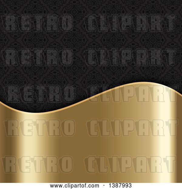 Vector Clip Art of Retro Black Damask Background with a Shiny Gold Wave Panel