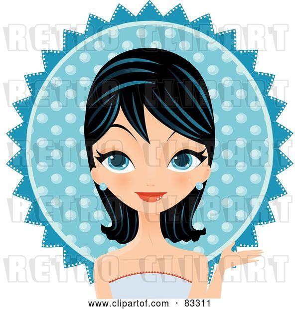 Vector Clip Art of Retro Black Haired Blue Eyed Formal Lady Wearing a Blue Gown and Earrings, in Front of a Blue Sun