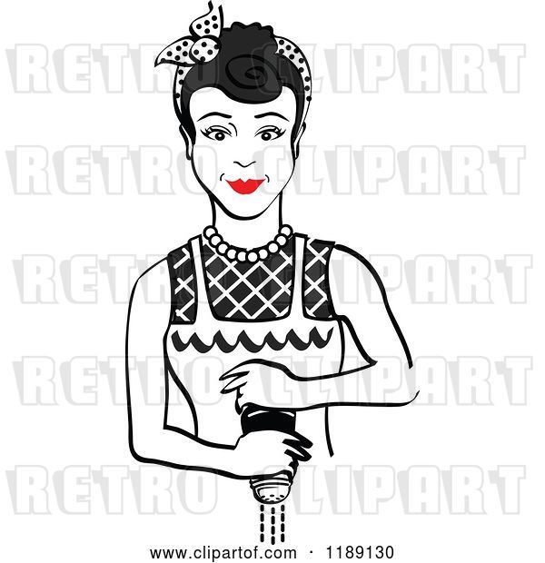 Vector Clip Art of Retro Black Haired Housewife or Maid Lady Grinding Fresh Pepper 2