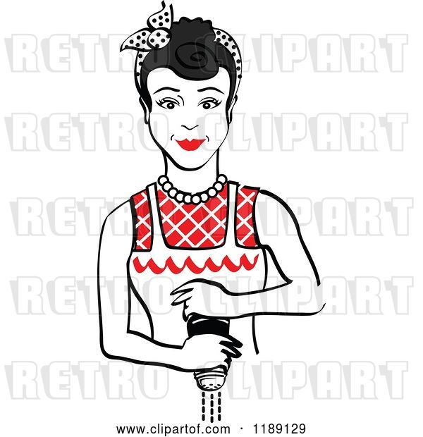 Vector Clip Art of Retro Black Haired Housewife or Maid Lady Grinding Fresh Pepper