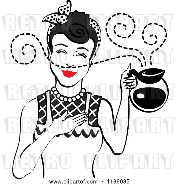 Vector Clip Art of Retro Black Haired Waitress or Housewife Smelling the Aroma of Fresh Hot Coffee in a Pot 2