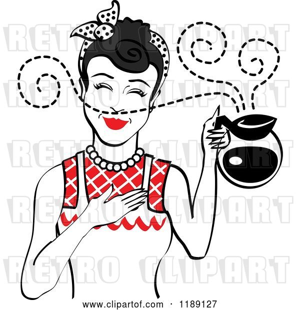 Vector Clip Art of Retro Black Haired Waitress or Housewife Smelling the Aroma of Fresh Hot Coffee in a Pot