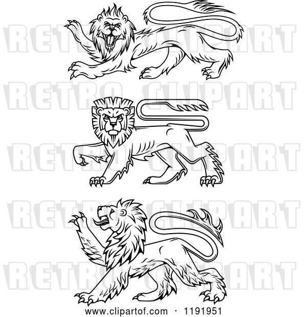 Vector Clip Art of Retro Black Heraldic Lions in Profile