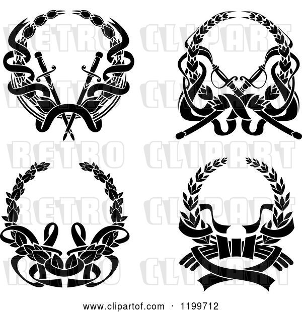 Vector Clip Art of Retro Black Laurel Wreaths with Swords and Ribbons