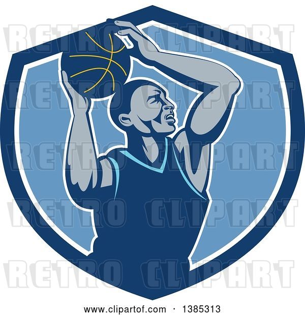 Vector Clip Art of Retro Black Male Basketball Player Doing a Layup in a Blue and White Shield