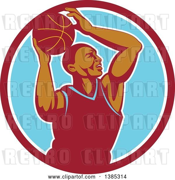 Vector Clip Art of Retro Black Male Basketball Player Doing a Layup in a Red White and Blue Circle