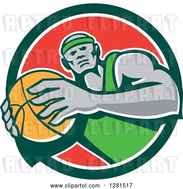 Vector Clip Art of Retro Black Male Basketball Player Holding a Ball in a Green White and Red Circle