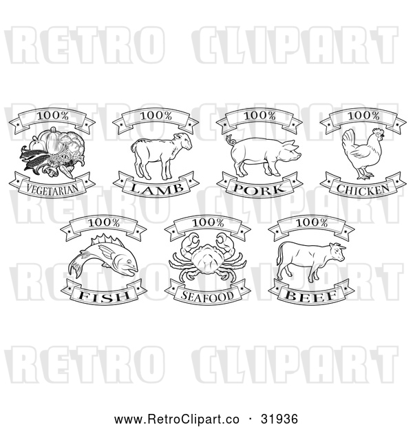 Vector Clip Art of Retro Black One Hundred Percent Vegetarian, Lamb, Pork, Chicken, Fish, Seafood and Beef Labels