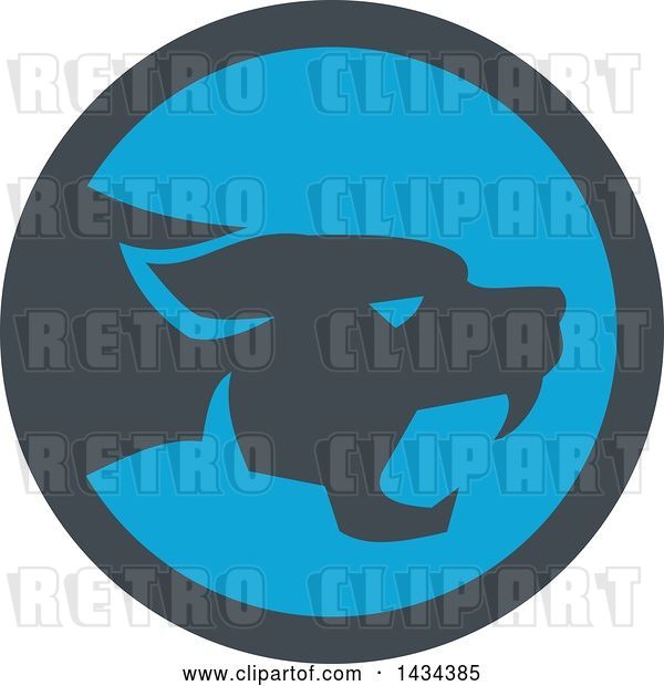 Vector Clip Art of Retro Black Panther Big Cat Growling in a Gray and Blue Circle