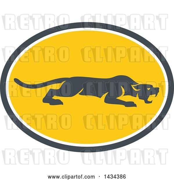 Vector Clip Art of Retro Black Panther Big Cat Stalking in a Gray White and Yellow Oval