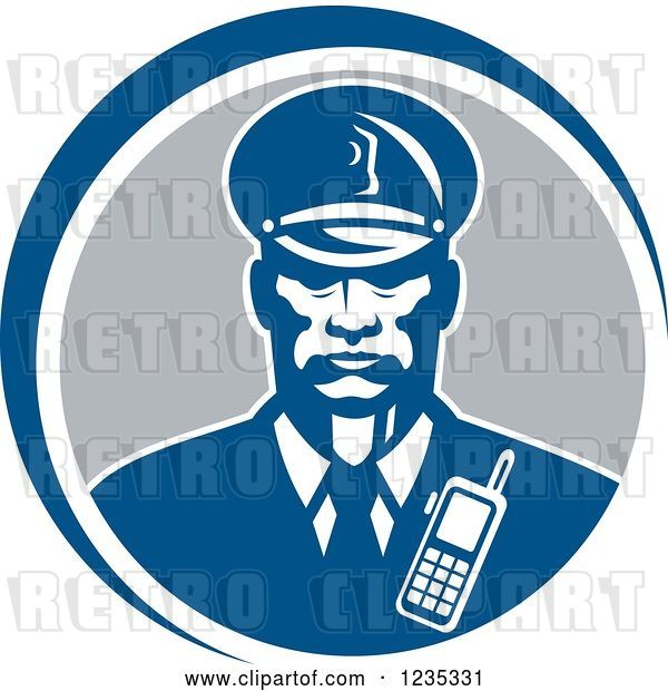 Vector Clip Art of Retro Black Security Guard in a Blue and Gray Circle