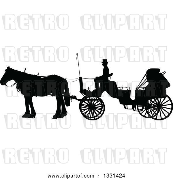 Vector Clip Art of Retro Black Silhouetted Coachman Sitting on a Horse Drawn Buggy Carriage, in Profile
