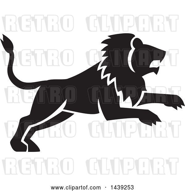 Vector Clip Art of Retro Black Silhouetted Leaping Male Lion