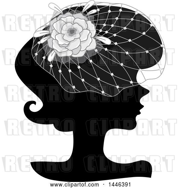 Vector Clip Art of Retro Black Silhouetted Profiled Lady Wearing a Floral Net Headdress