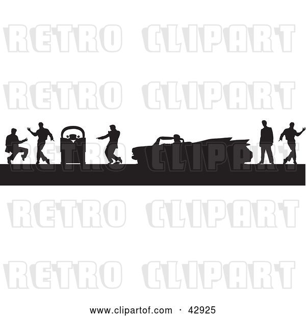 Vector Clip Art of Retro Black Silhouetted Scene of Men Dancing Around a Jukebox and Convertible Cadillac