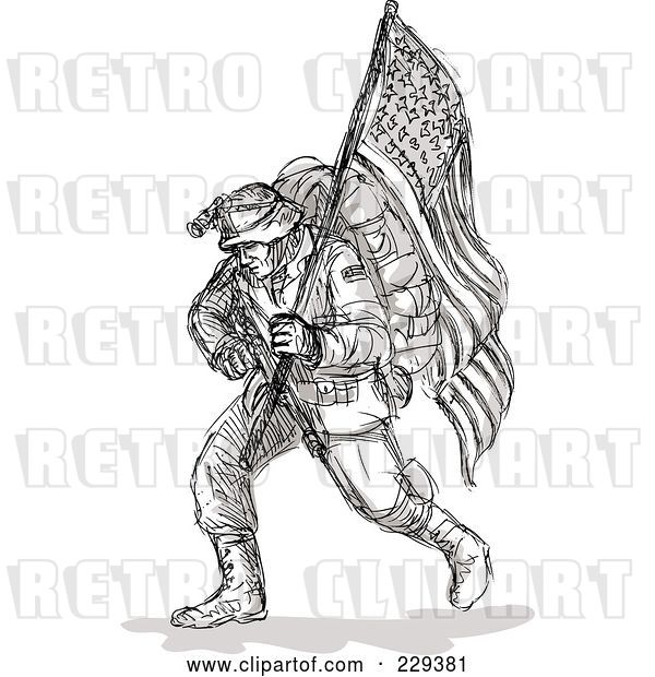 Vector Clip Art of Retro Black Sketched Soldier Carrying an American Flag